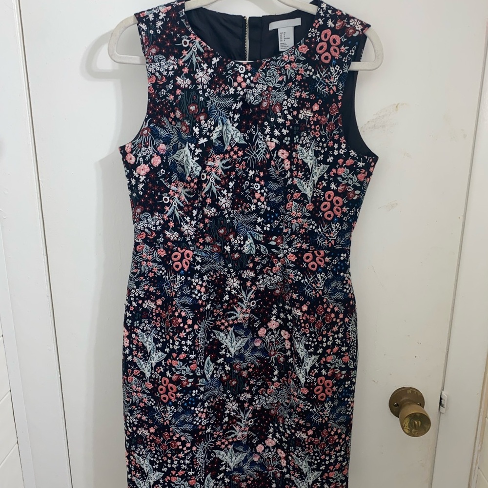 H&M Black Floral Midi Dress with Pink & Blue Accents